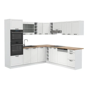Eckküche R-Line Weiß Landhaus/Weiß 247 x 237 cm ohne Arbeitsplatte Vicco