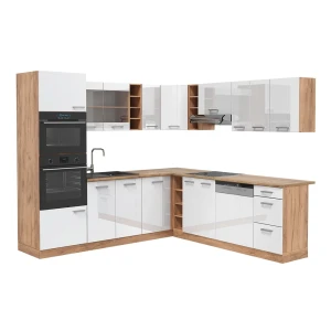 Cozinha de canto R-Line Branco alto brilho/Carvalho dourado 247 x 237 cm sem bancada Vicco