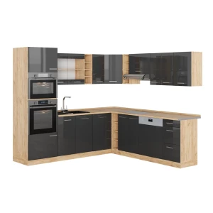 Cuisine en angle R-Line Anthracite Haute brillance/Chêne de force doré 247 x 237 cm sans PT Vicco