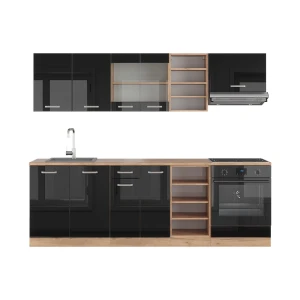 Küchenzeile R-Line Schwarz Hochglanz/Goldkraft Eiche 240 cm ohne Arbeitsplatte Vicco