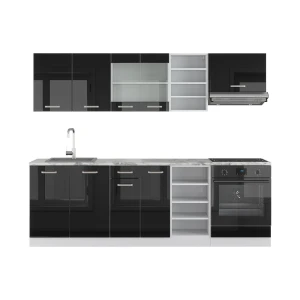 Konyhasarok R-Line Fekete magasfényű/fehér 240 cm munkalapokkal Vicco