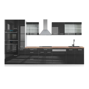 Küchenzeile R-Line Anthrazit Hochglanz/Weiß 350 cm mit Hochschrank, AP Eiche Vicco