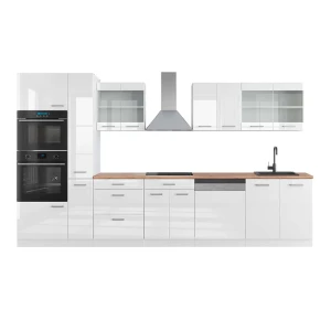 Kitchenette R-Line Branco alto brilho/branco 350 cm com armário alto, carvalho AP Vicco