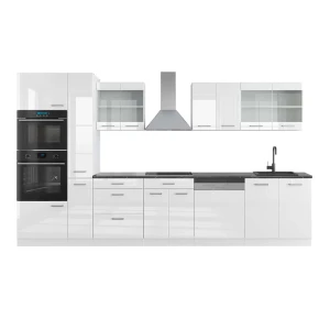 Konyhabútor R-Line Fehér magasfényű/fehér 350 cm magas szekrénnyel, MP Antracit Vicco