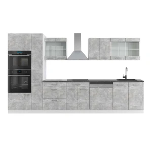 Küchenzeile R-Line Beton/Weiß 350 cm mit Hochschrank, AP Anthrazit Vicco