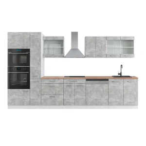 Kitchenette R-Line Concreto/Branco 350 cm com armário alto, carvalho AP Vicco