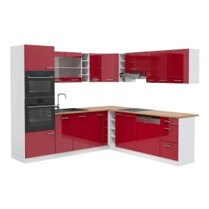 Eckküche R-Line Rot Hochglanz/Weiß 247 x 237 cm, AP Eiche Vicco