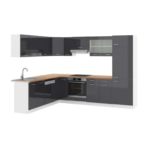 Eckküche R-Line Anthrazit Hochglanz/Weiß 287 x 227 cm, AP Eiche Vicco