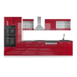 Mobile da cucina R-Line Rosso lucido/bianco 350 cm con armadio alto, Piano di lavoro Antracite Vicco