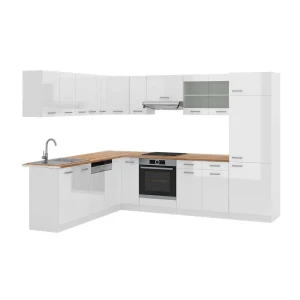 Sarokkonyha R-Line Fehér magasfényű/Fehér 287 x 227 cm, MP Tölgy Vicco