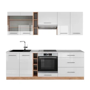 Kitchenette Fame-Line Branco alto brilho/carvalho Goldkraft 235 cm , Mármore AP Vicco