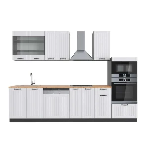 Kitchenette Fame-Line Casa de campo branca/antracite 300 cm com armário alto, carvalho AP Vicco