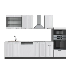 Kitchenette Fame-Line Casa de campo branca/antracite 300 cm com armário alto, mármore AP Vicco