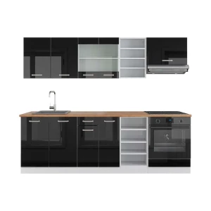 Konyhabútor R-Line Fekete magasfényű/fehér 240 cm , MP Tölgy Vicco