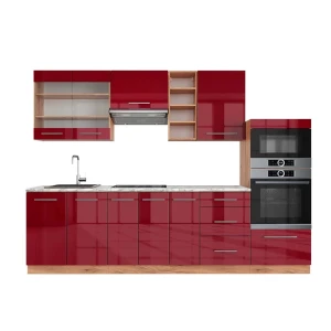 Küchenzeile Fame-Line Bordeaux Hochglanz/Goldkraft Eiche 280 cm , AP Marmor Vicco
