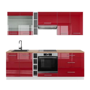 Küchenzeile Fame-Line Bordeaux Hochglanz/Weiß 235 cm , AP Eiche Vicco