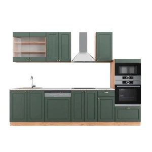 Kitchenette Fame-Line Casa de campo verde-ouro/carvalho Goldkraft 300 cm com armário alto, mármore AP Vicco