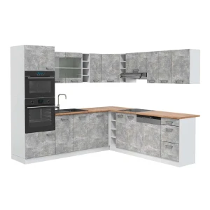 Eckküche R-Line Beton/Weiß 247 x 237 cm, AP Eiche livinity®