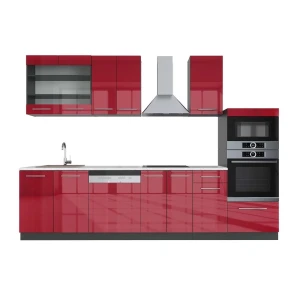 Kitchenette Fame-Line Bordeaux alto brilho/antracite 300 cm com armário alto, mármore AP Vicco