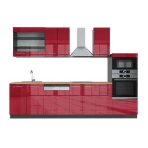 Kitchenette Fame-Line Bordeaux alto brilho/antracite 300 cm com armário alto, carvalho AP Vicco