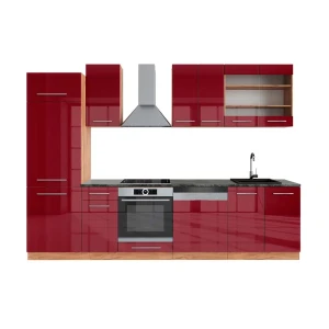 Küchenzeile Fame-Line Bordeaux Hochglanz/Goldkraft Eiche 300 cm , AP Anthrazit Vicco