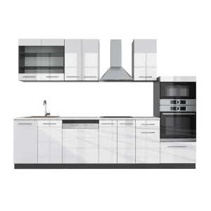 Küchenzeile Fame-Line Weiß Hochglanz/Anthrazit 300 cm mit Hochschrank, AP Marmor livinity®