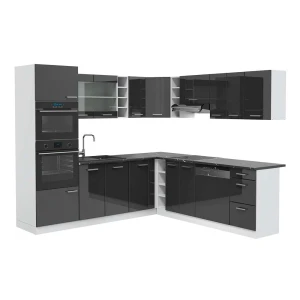 Sarokkonyha R-Line Antracit magasfényű/Fehér 247 x 237 cm, MP Antracit Vicco
