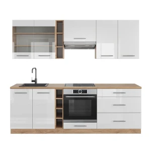 Cucina componibile Fame-Line Bianco lucido/oro power oak 235 cm, Piano di lavoro Rovere Vicco