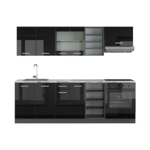 Küchenzeile R-Line Schwarz Hochglanz/Anthrazit 240 cm , AP Marmor Vicco