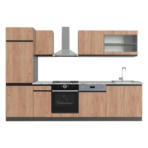 Küchenzeile R-Line Goldkraft Eiche/Anthrazit 300 cm  J-Shape, AP Marmor Vicco