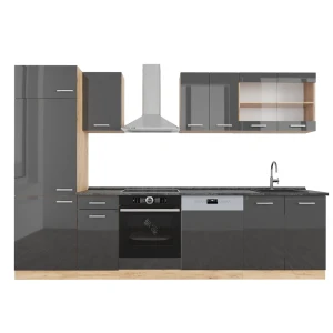 Küchenzeile R-Line Anthrazit Hochglanz/Goldkraft Eiche 300 cm , AP Anthrazit Vicco