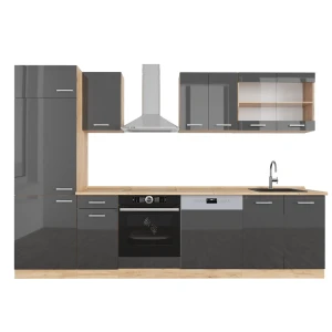 Küchenzeile R-Line Anthrazit Hochglanz/Goldkraft Eiche 300 cm , AP Eiche Vicco