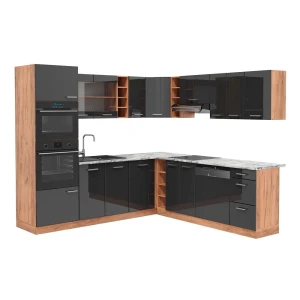 Sarokkonyha R-Line Antracit magasfényű/Arany Power tölgy 247 x 237 cm, MP Márvány Vicco