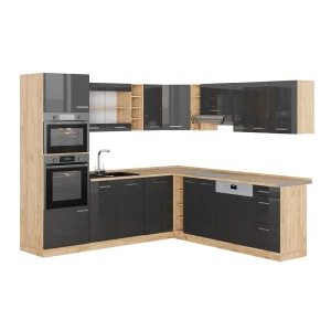 Kuchnia narożna R-Line Antracyt połysk/Dąb goldkraft 247 x 237 cm, BP Dąb Vicco