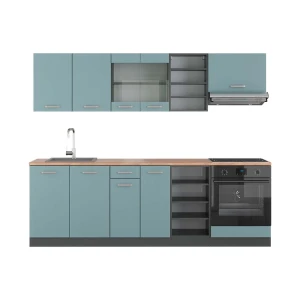 Küchenzeile R-Line Blau-Grau/Anthrazit 240 cm , AP Eiche livinity®