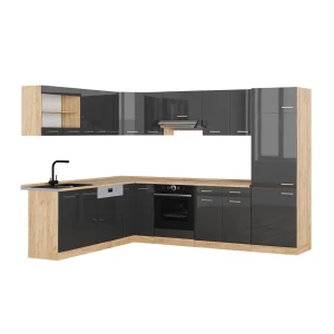 Sarokkonyha R-Line Antracit magasfényű/Arany Power tölgy 287 x 227 cm, MP Tölgy Vicco