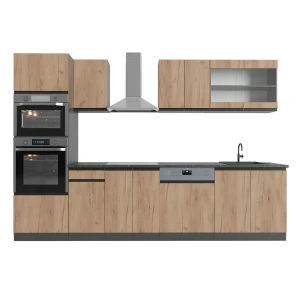 Konyhabútor R-Line Gold power tölgy/antracit 300 cm  J-Shape magas szekrénnyel, MP Antracit Vicco