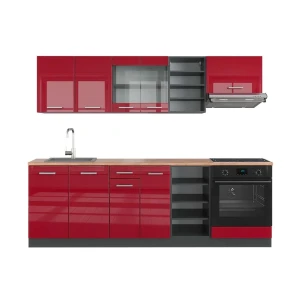 Zabudowa kuchenna R-Line Czerwony wysoki połysk/antracyt 240 cm , BP Dąb Vicco