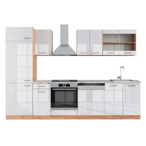 Küchenzeile R-Line Weiß Hochglanz/Goldkraft Eiche 300 cm , AP Marmor livinity®