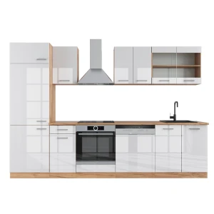 Küchenzeile R-Line Weiß Hochglanz/Goldkraft Eiche 300 cm , AP Eiche Vicco