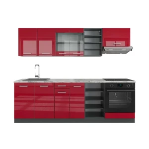 Zabudowa kuchenna R-Line Czerwony wysoki połysk/antracyt 240 cm , BP Marmur Vicco
