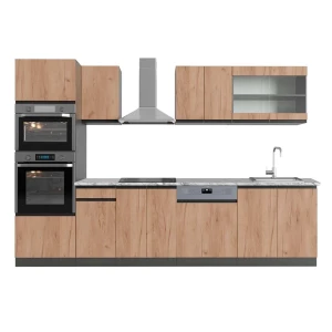 Aneks kuchenny R-Line Złoty dąb power/antracyt 300 cm  J-Shape z wysoką szafką, BP Marmur Vicco