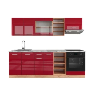 Küchenzeile R-Line Rot Hochglanz/Goldkraft Eiche 240 cm , AP Marmor Vicco