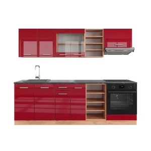 Küchenzeile R-Line Rot Hochglanz/Goldkraft Eiche 240 cm , AP Anthrazit Vicco