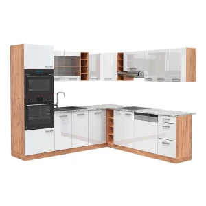 Eckküche R-Line Weiß Hochglanz/Goldkraft Eiche 247 x 237 cm, AP Marmor livinity®