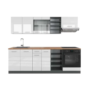 Küchenzeile R-Line Weiß Hochglanz/Anthrazit 240 cm , AP Eiche livinity®
