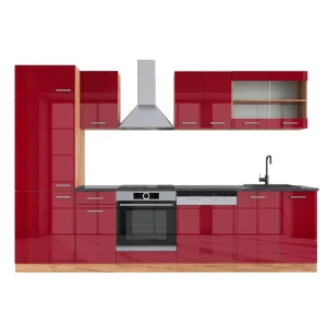 Küchenzeile R-Line Rot Hochglanz/Goldkraft Eiche 300 cm , AP Anthrazit Vicco