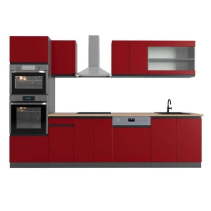 Aneks kuchenny R-Line Czerwony/antracyt 300 cm  J-Shape z wysoką szafką, BP Dąb Vicco