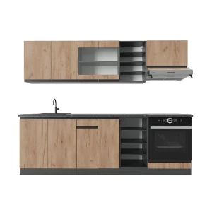 Zabudowa kuchenna R-Line Złoty dąb power/antracyt 240 cm  J-Shape, BP Antracyt Vicco
