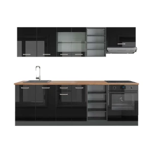 Konyhabútor R-Line Magasfényű fekete/antracit 240 cm , MP Tölgy Vicco